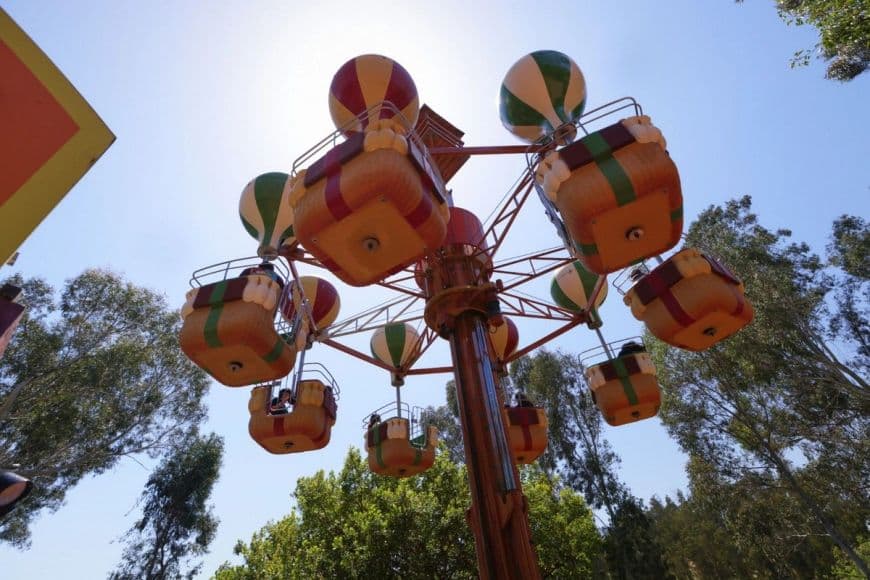 Close-up of Nairobi's Look Out Balloons at Six Flags Discovery Kingdom, showcasing the colorful balloon designs.