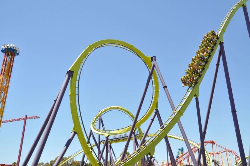 Medusa roller coaster at Six Flags Discovery Kingdom, showcasing its impressive twists and loops.
