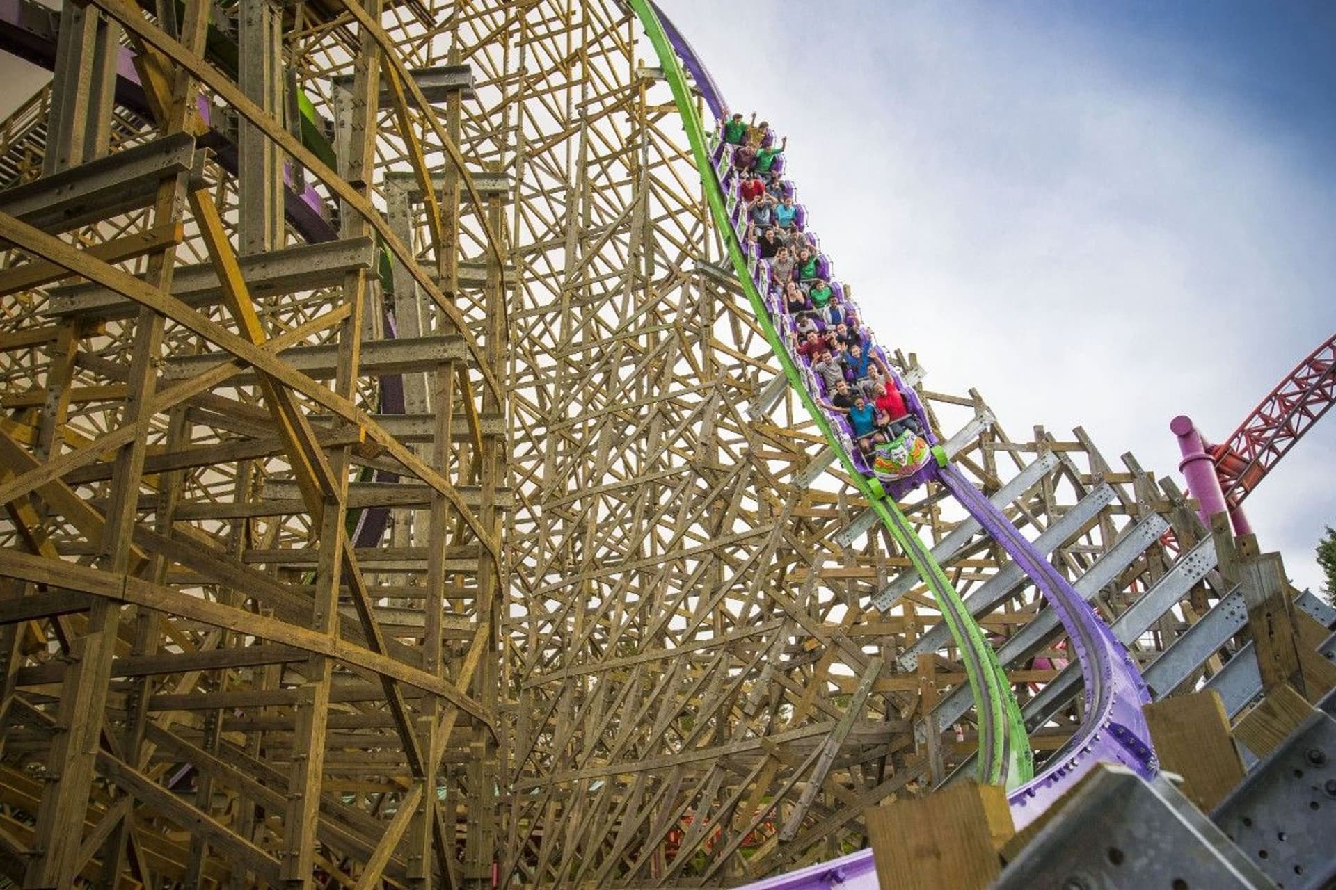 THE JOKER roller coaster at Six Flags Discovery Kingdom taking guests on a thrilling ride that they won't soon forget.
