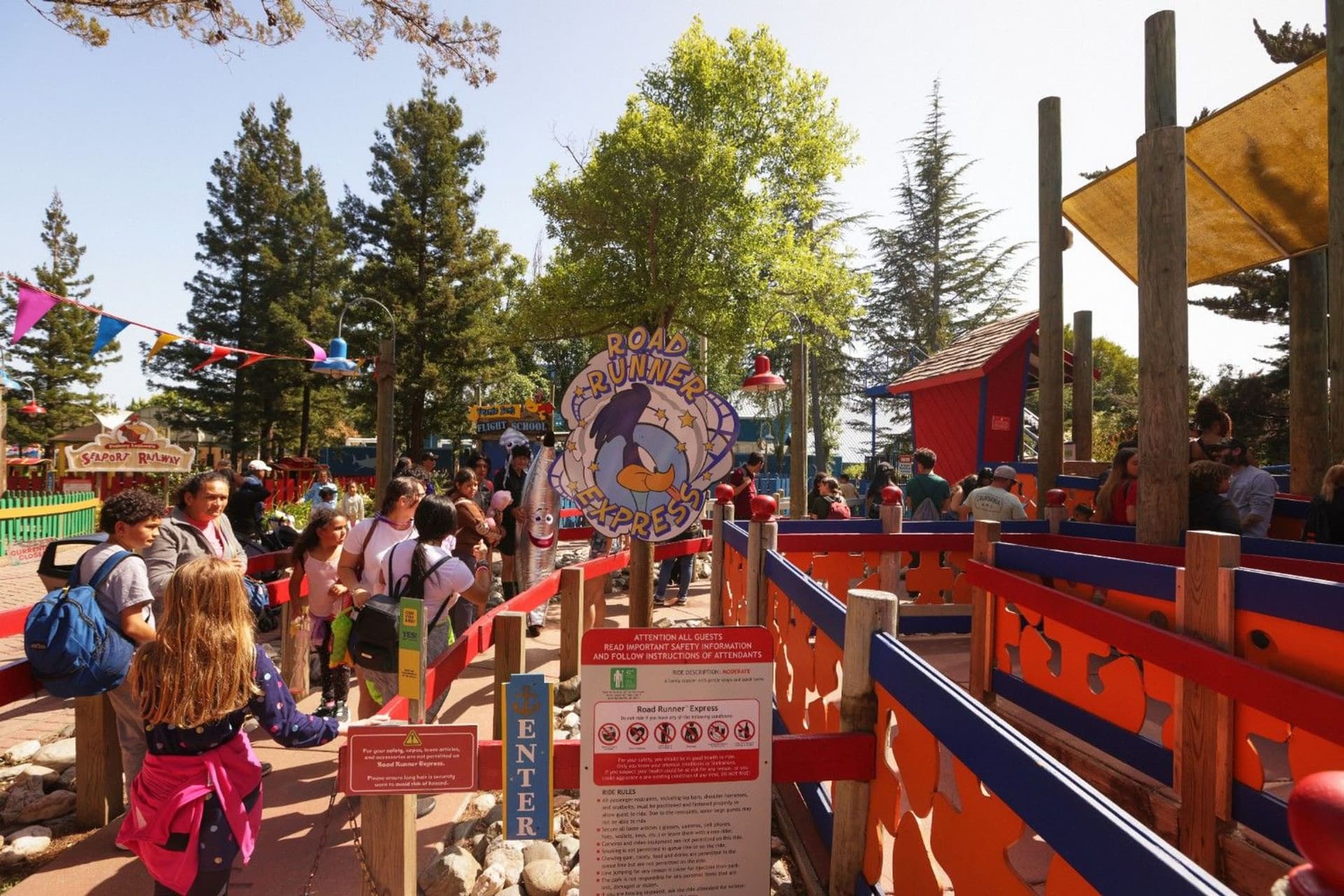 Entrance to the Road Runner Express roller coaster at Six Flags Discovery Kingdom, welcoming guests to the ride.
