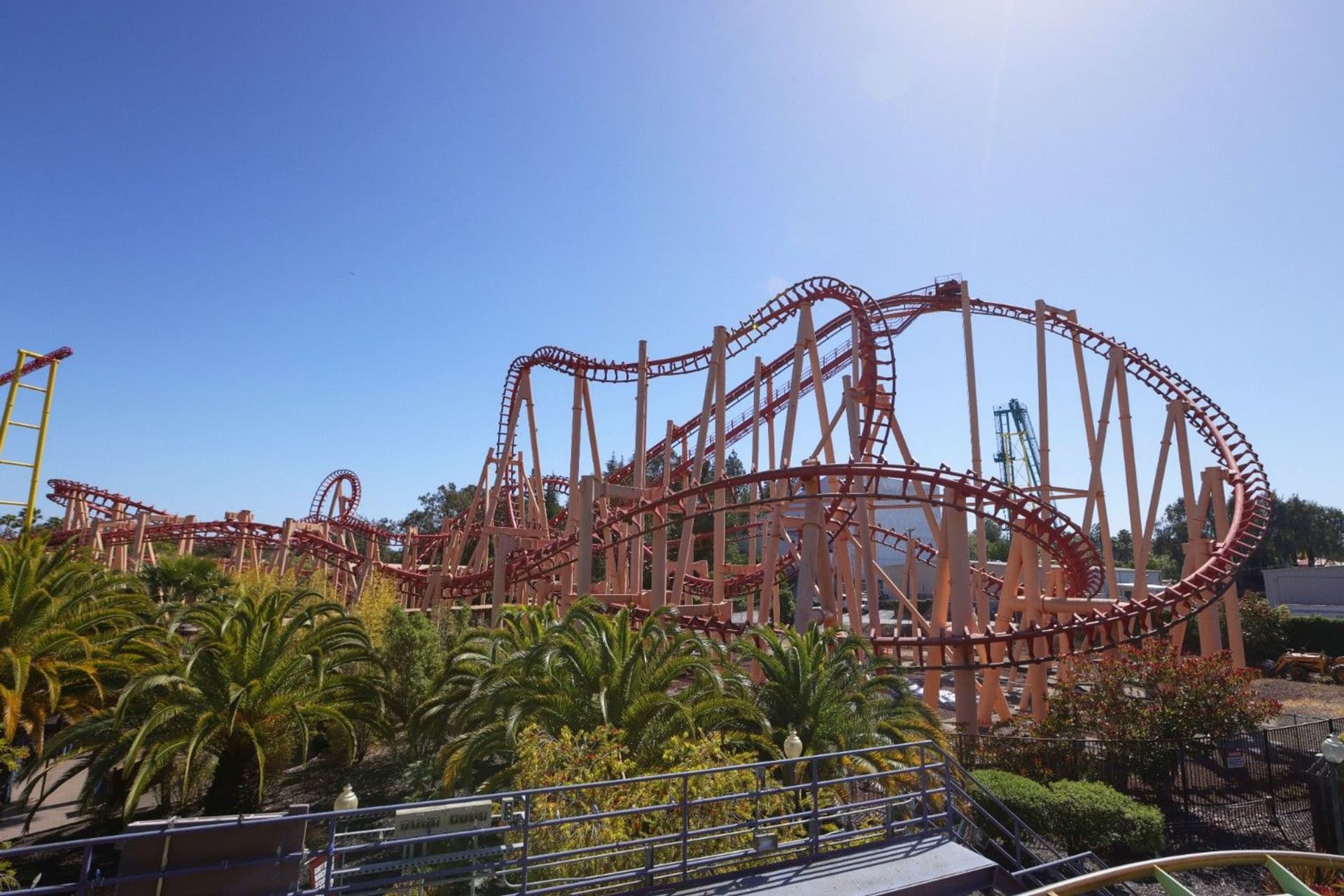 All of the twists and turns of the suspended looping coaster Kong at Six Flags Discovery Kingdom.