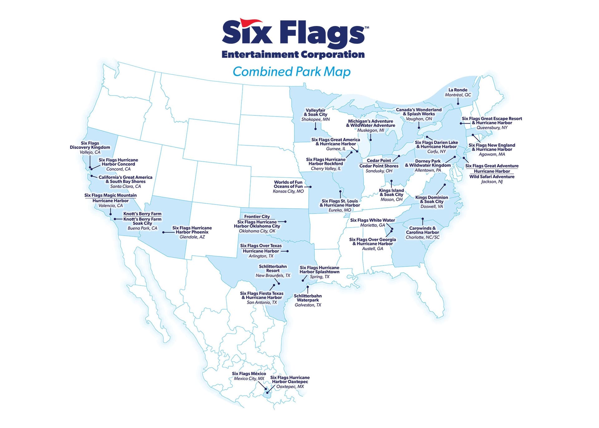 Map of Six Flags®中国168综合体彩网 Parks in the United States, Mexico and Canada